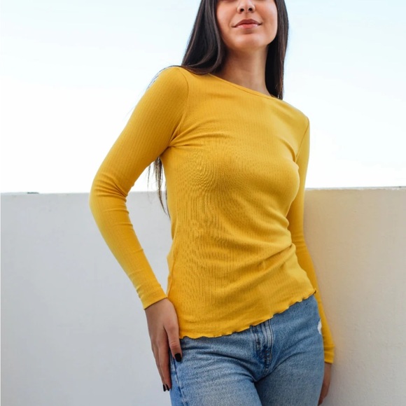 Free People FP Beach Mustard Yellow Scalloped Hem Sweater - Picture 11 of 12